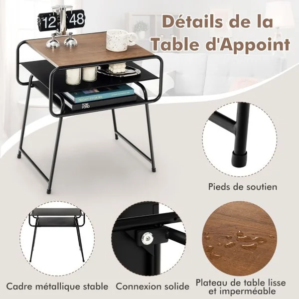 Table de Chevet Table de Nuit 3 Etagère 50 x 40 x 55 cm (L x l x H) Style Industrielle Cadre en Métal Robuste Marron + Noir