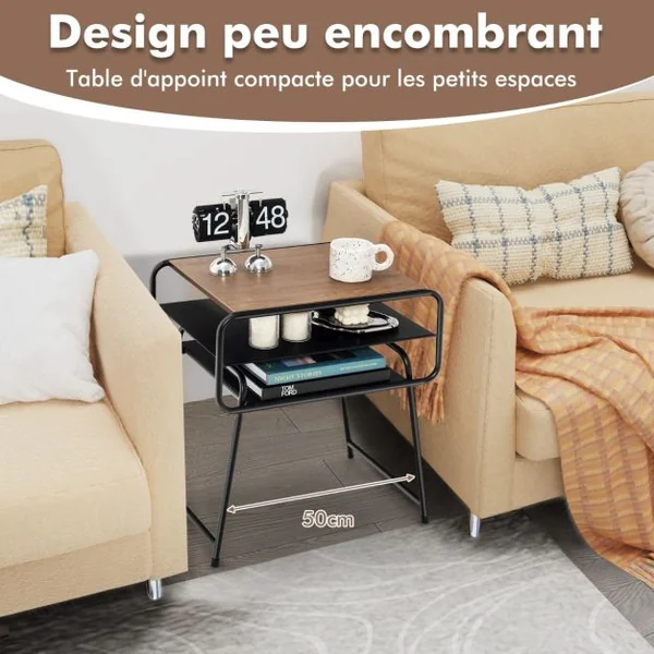 Table de Chevet Table de Nuit 3 Etagère 50 x 40 x 55 cm (L x l x H) Style Industrielle Cadre en Métal Robuste Marron + Noir