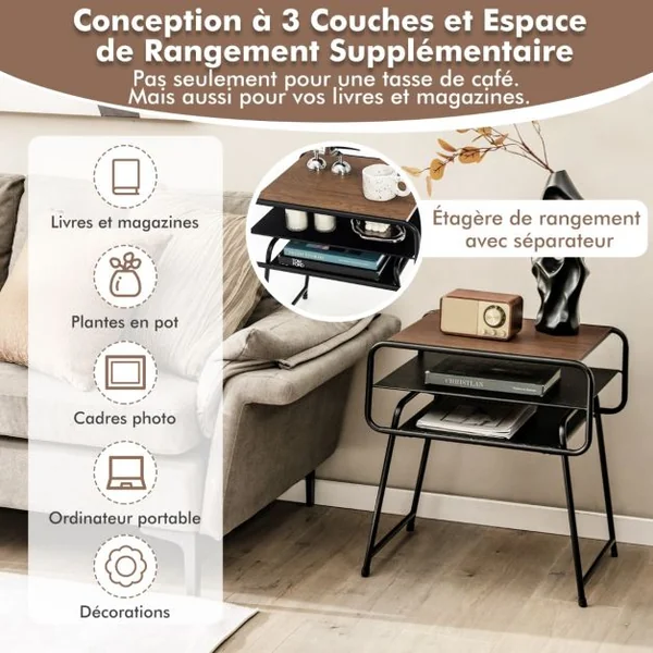 Table de Chevet Table de Nuit 3 Etagère 50 x 40 x 55 cm (L x l x H) Style Industrielle Cadre en Métal Robuste Marron + Noir