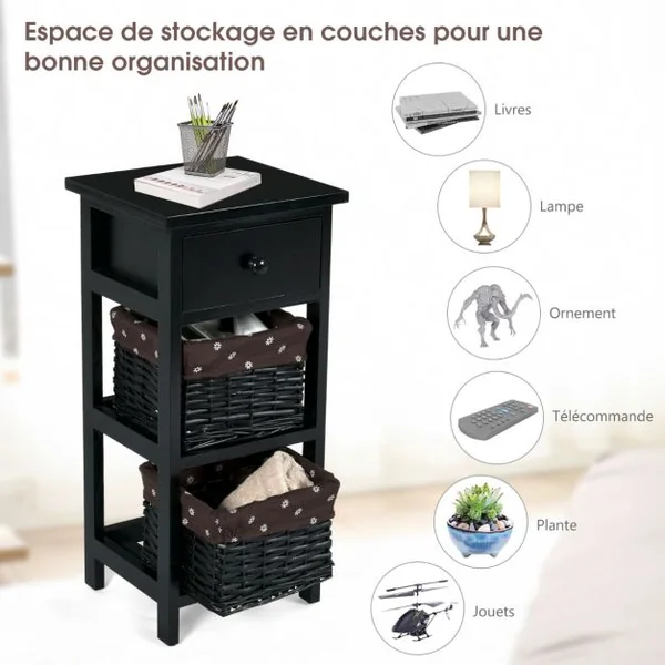 Table de Chevet Table de Nuit avec 1 Tiroir et 2 Panier d'Osier Amovible Cadre en Bois de Paulownia Noir
