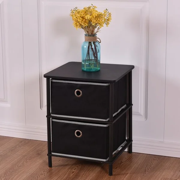 Table de chevet Table de nuit Table d’appoint avec 2 paniers amovibles, en acier et MDF et PVC, 40 x 40 x 52 cm, Noir