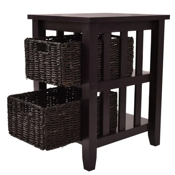 Table de chevet Table de nuit Table d’appoint avec 2 paniers amovibles, en bois de pin, 15 kg max, 51x42x64 cm, Marron