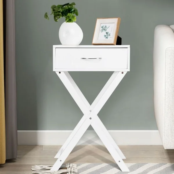 Table de chevet Table de nuit Table d’appoint Scandinave 1 tiroir avec pieds en forme de X en MDF 40x33x66,5cm Blanc