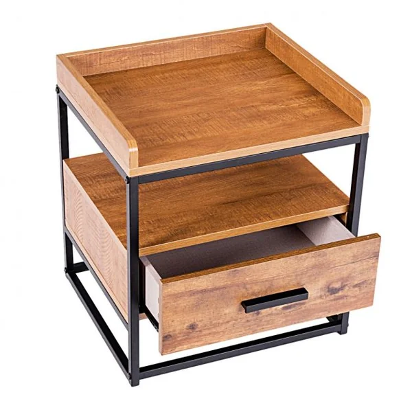 Table de Chevet à 2 Etagères Table D’appoint pour Canapé avec 1 Tiroir de Rangement en Mdf et Fer 45x40x49cm Brun