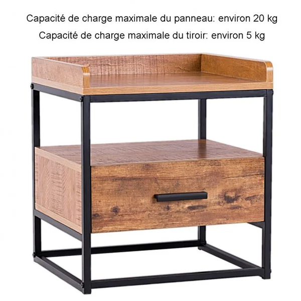 Table de Chevet à 2 Etagères Table D’appoint pour Canapé avec 1 Tiroir de Rangement en Mdf et Fer 45x40x49cm Brun