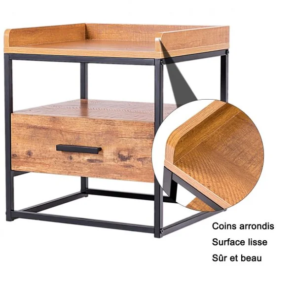 Table de Chevet à 2 Etagères Table D’appoint pour Canapé avec 1 Tiroir de Rangement en Mdf et Fer 45x40x49cm Brun