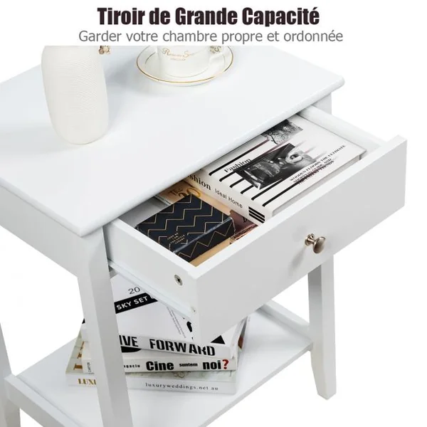 Table de Chevet à 2 Niveaux avec 1 Tiroir Table d'Appoint de Style Moderne Blanc
