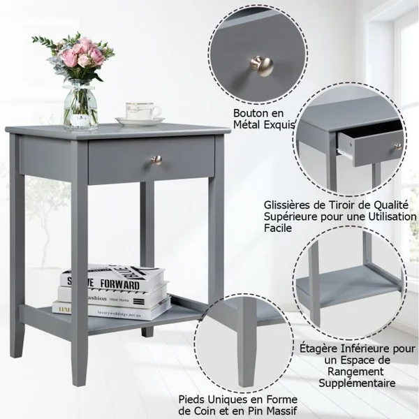 Table de Chevet à 2 Niveaux avec 1 Tiroir Table d'Appoint de Style Moderne Girs