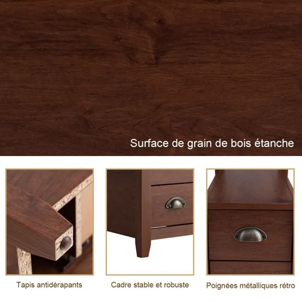 Table de Chevet à 2 Tiroirs et 1 Etagère de Rangement Table de Nuit Capacité 25 Kg en Mdf et Métal 60x30x61cm Marron