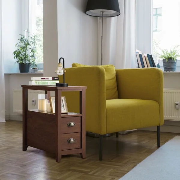 Table de Chevet à 2 Tiroirs et 1 Etagère de Rangement Table de Nuit Capacité 25 Kg en Mdf et Métal 60x30x61cm Marron