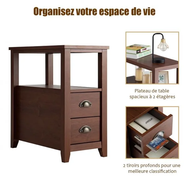 Table de Chevet à 2 Tiroirs et 1 Etagère de Rangement Table de Nuit Capacité 25 Kg en Mdf et Métal 60x30x61cm Marron