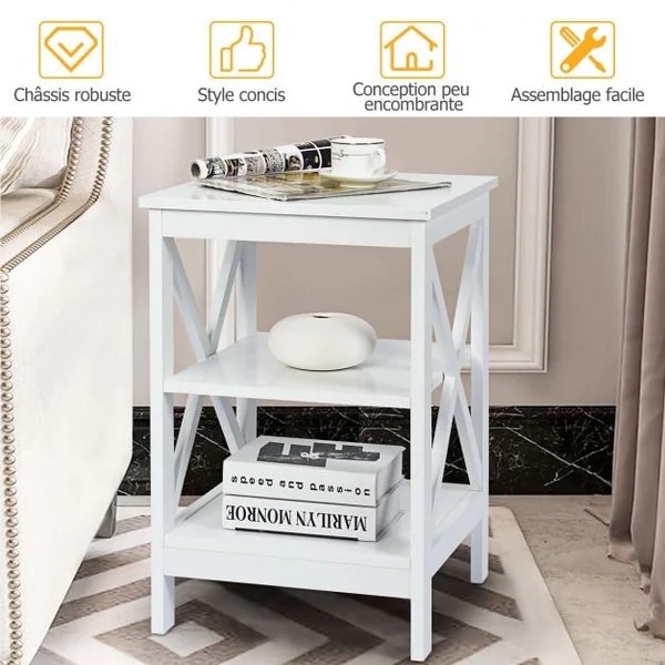 Table de Chevet à 3 Niveaux Table d'Appoint en forme X Simple et Contemporain 40x40x61cm Blanc