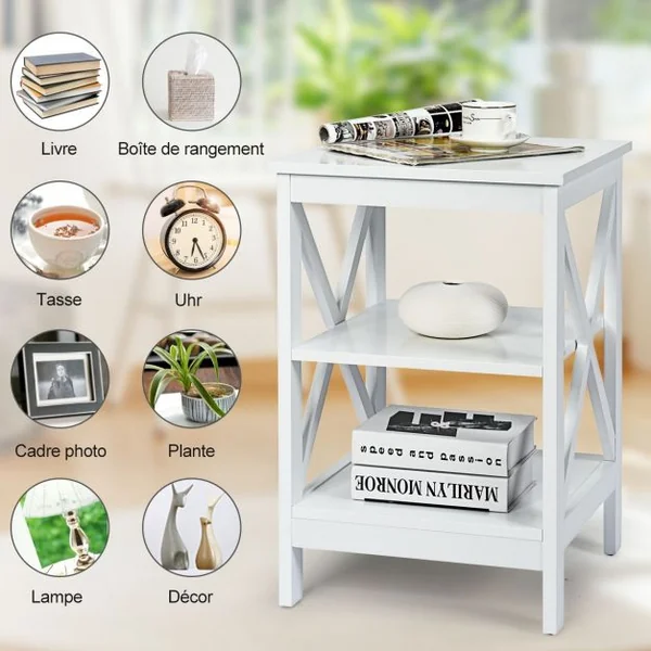 Table de Chevet à 3 Niveaux Table d'Appoint en forme X Simple et Contemporain 40x40x61cm Blanc