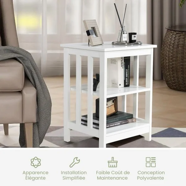 Table de Chevet à 3 Niveaux Table de Nuit de Style Moderne Table d’Appoint pour Chambre Salon Bureau Blanche