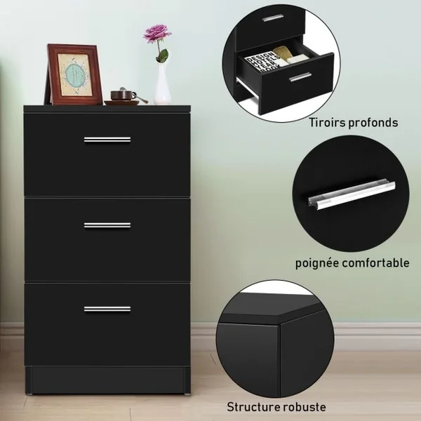 Table de Chevet à 3 Tiroirs de Rangement Caisson de Rangement Support d’Imprimante en MDF, 35x38x67cm, Noir
