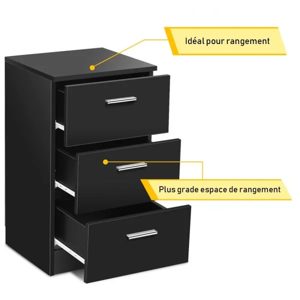 Table de Chevet à 3 Tiroirs de Rangement Caisson de Rangement Support d’Imprimante en MDF, 35x38x67cm, Noir