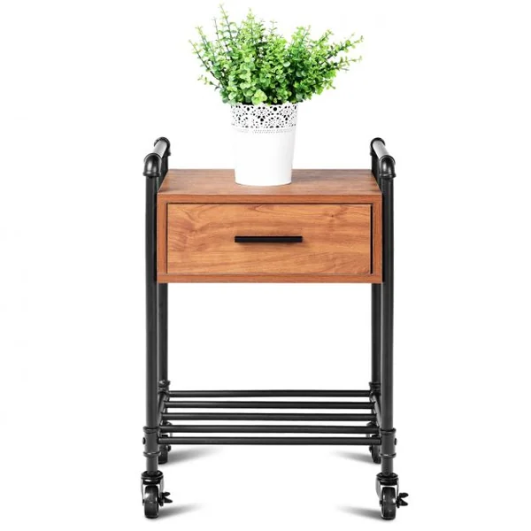 Table de Chevet à Roulettes Silencieuses Style Industriel Etagère Ouverte 1 Tiroir en Mdf et Acier 40x30x60cm Marron