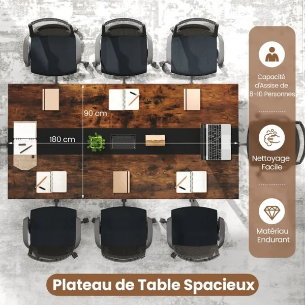 Table de Conférence Table de Réunion 180 x 90 CM pour 8-10 Personnes Table de Tavail Séminaire Rectangulaire Marron Rustique