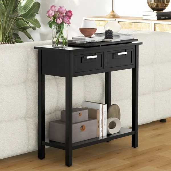 Table de Console avec 2 Tiroirs Table d’Appoint avec Pieds en Bois d’Acacia Noir