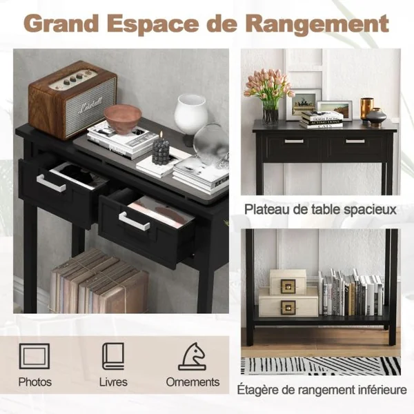 Table de Console avec 2 Tiroirs Table d’Appoint avec Pieds en Bois d’Acacia Noir