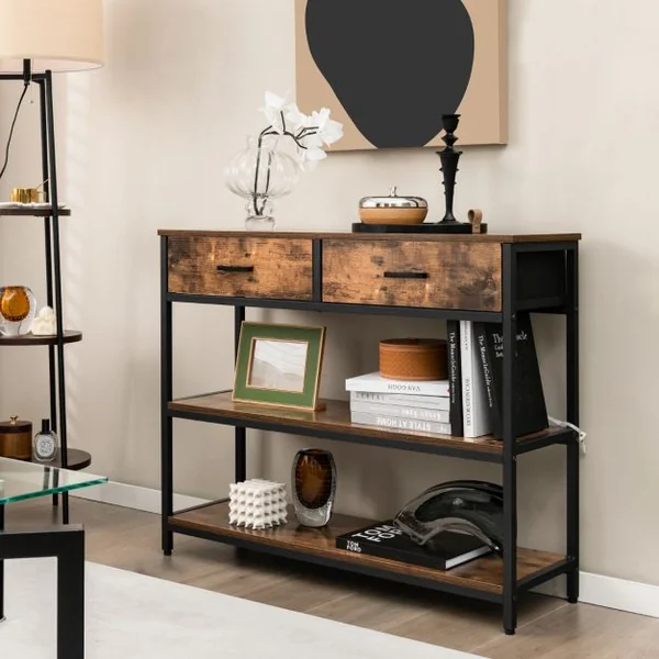 Table de Console Industrielle 3 Niveaux 2 Tiroirs 100 x 30 x 80cm Cadre en Métal Marron Rustique