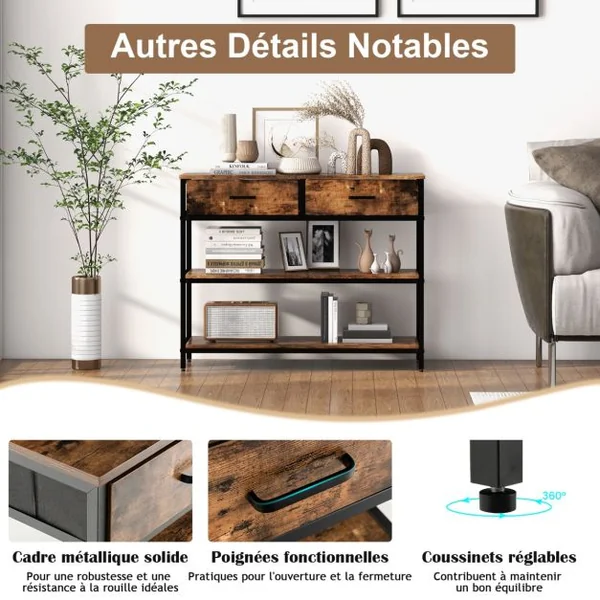 Table de Console Industrielle 3 Niveaux 2 Tiroirs 100 x 30 x 80cm Cadre en Métal Marron Rustique