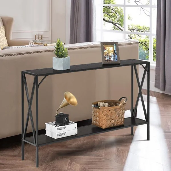 Table de Console Industrielle à 2 Étagères Console Meuble Entrée avec Structure Latérale en X en Fer avec Dispositif Anti-basculement Marron