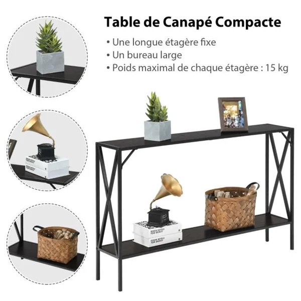 Table de Console Industrielle à 2 Étagères Console Meuble Entrée avec Structure Latérale en X en Fer avec Dispositif Anti-basculement Marron