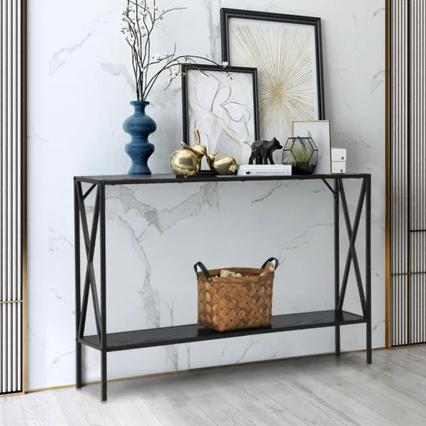 Table de Console Industrielle à 2 Étagères Console Meuble Entrée avec Structure Latérale en X en Fer avec Dispositif Anti-basculement Noir