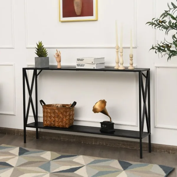 Table de Console Industrielle à 2 Étagères Console Meuble Entrée avec Structure Latérale en X en Fer avec Dispositif Anti-basculement Noir