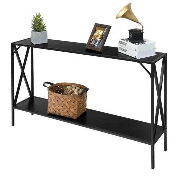 Table de Console Industrielle à 2 Étagères Console Meuble Entrée avec Structure Latérale en X en Fer avec Dispositif Anti-basculement Noir