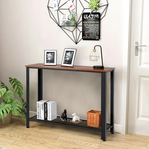 Table de Console Table d’Appoint à 2 Niveaux de Rangement 4 Pieds Réglables en Bois et Métal 102x35x80cm Noir
