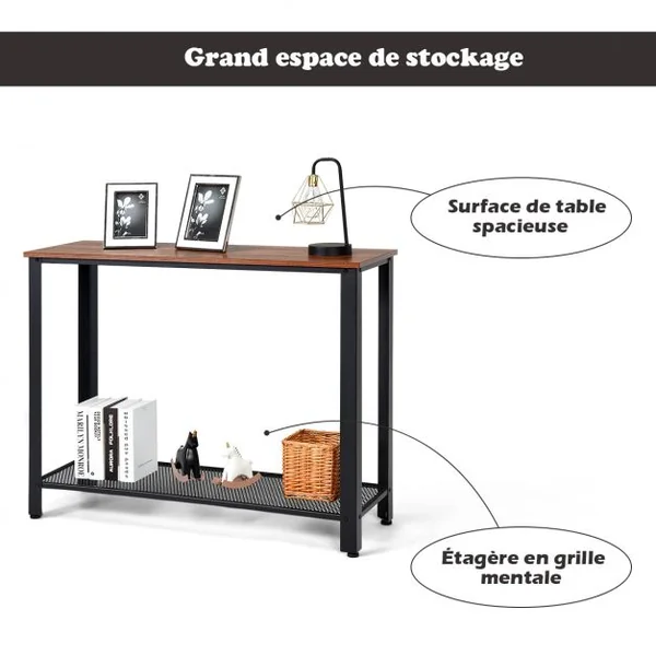 Table de Console Table d’Appoint à 2 Niveaux de Rangement 4 Pieds Réglables en Bois et Métal 102x35x80cm Noir