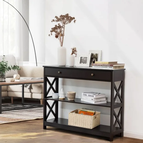 Table de Console Table d’entrée avec 1 tiroir et 2 étagères de rangement 99,8 x 29,8 x 80,2 CM Gris/Marron/Blanc/Noir/Bleu