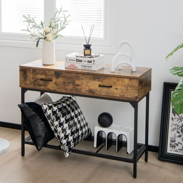 Table de Console à 2 Niveaux et 2 Tiroirs Style Industriel Table d'Entrée Cadre en Métal Panneaux Aspect Bois Vieilli Brun rustique