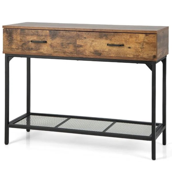 Table de Console à 2 Niveaux et 2 Tiroirs Style Industriel Table d'Entrée Cadre en Métal Panneaux Aspect Bois Vieilli Brun rustique