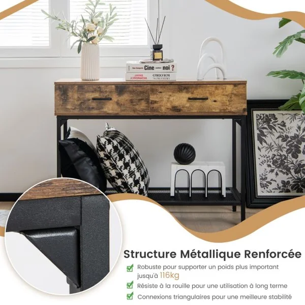 Table de Console à 2 Niveaux et 2 Tiroirs Style Industriel Table d'Entrée Cadre en Métal Panneaux Aspect Bois Vieilli Brun rustique