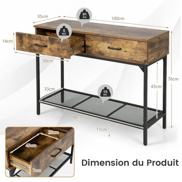 Table de Console à 2 Niveaux et 2 Tiroirs Style Industriel Table d'Entrée Cadre en Métal Panneaux Aspect Bois Vieilli Brun rustique