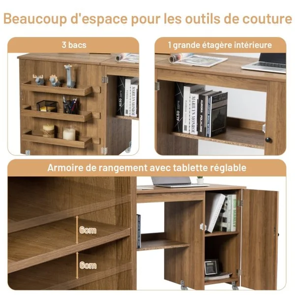 Table de Couture Pliable 3 Etagères pour Bobines Roulettes Verrouillables158 x 50 x 75cm (L x l x H) Blanc/Brun