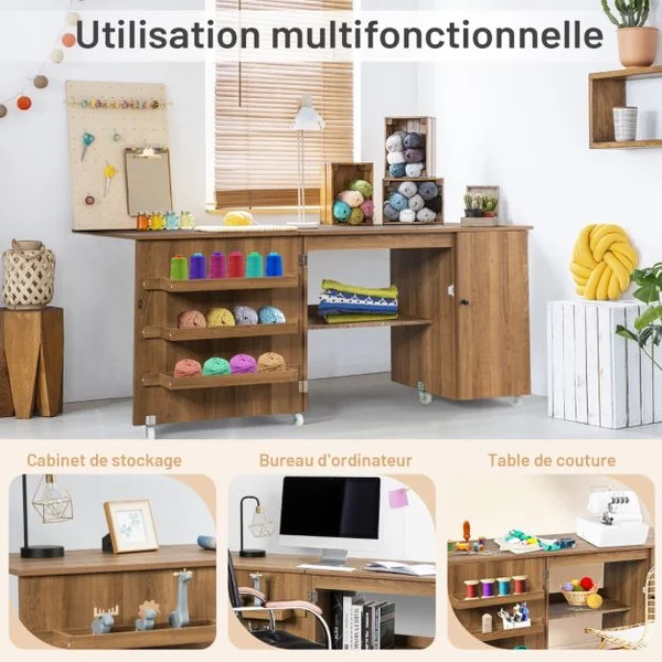 Table de Couture Pliable 3 Etagères pour Bobines Roulettes Verrouillables158 x 50 x 75cm (L x l x H) Blanc/Brun