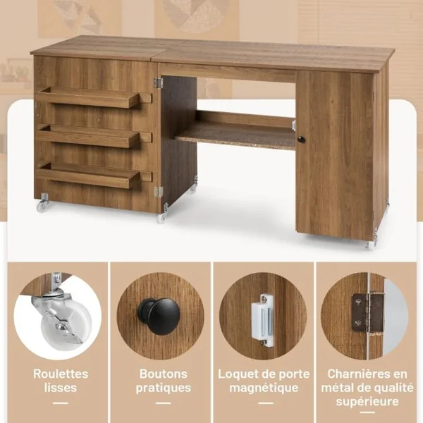Table de Couture Pliable 3 Etagères pour Bobines Roulettes Verrouillables158 x 50 x 75cm (L x l x H) Blanc/Brun