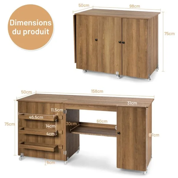 Table de Couture Pliable 3 Etagères pour Bobines Roulettes Verrouillables158 x 50 x 75cm (L x l x H) Blanc/Brun