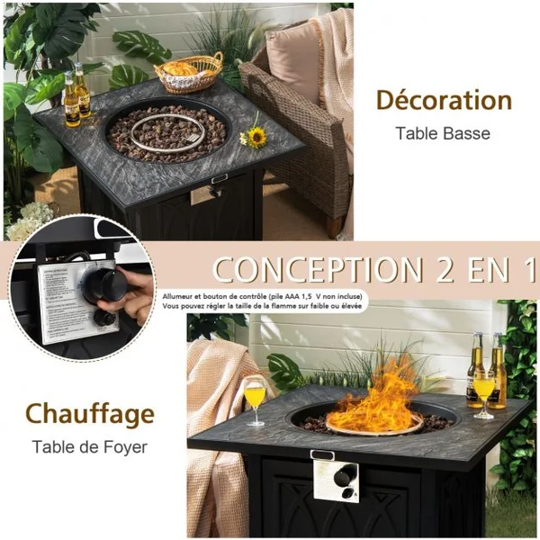 Table de Foyer φ57cm Extérieur au Gaz Propane 16,5kw avec Système d'Allumage Automatique Housse Imperméable