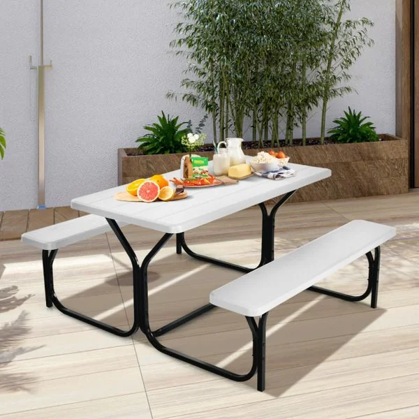 Table de Jardin avec 2 Banc Table de Pique-Nique/Camping pour 4 à 6 Personnes 137 x 150 x 71cm Noir/Gris/Blanc