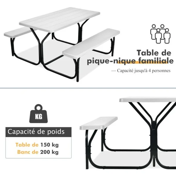 Table de Jardin avec 2 Banc Table de Pique-Nique/Camping pour 4 à 6 Personnes 137 x 150 x 71cm Noir/Gris/Blanc