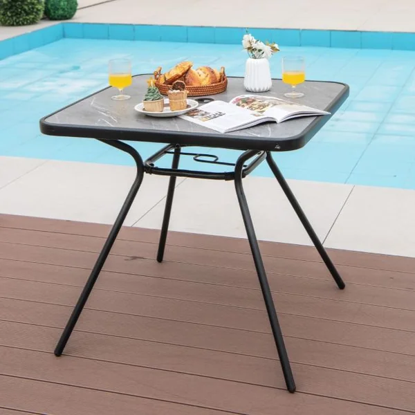 Table de Jardin avec Plateau Imprimé Marbre 80 x 80 CM Table d'Appoint avec Trou pour Parasol 42 MM et Cadre en Métal Gris