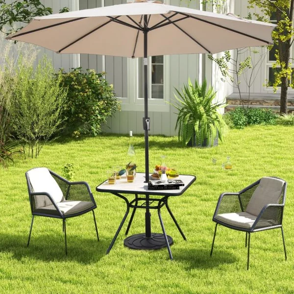 Table de Jardin avec Plateau Imprimé Marbre 80 x 80 CM Table d'Appoint avec Trou pour Parasol 42 MM et Cadre en Métal Gris