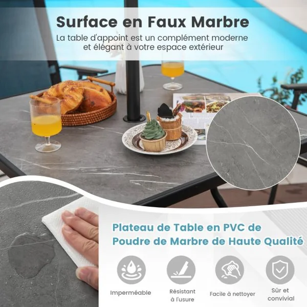 Table de Jardin avec Plateau Imprimé Marbre 80 x 80 CM Table d'Appoint avec Trou pour Parasol 42 MM et Cadre en Métal Gris