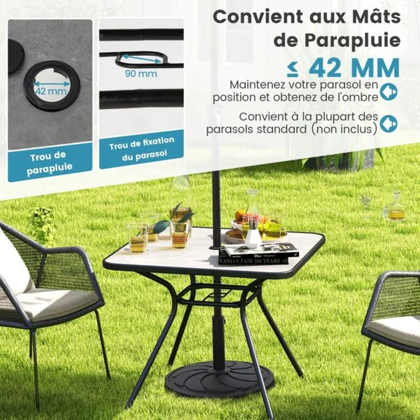 Table de Jardin avec Plateau Imprimé Marbre 80 x 80 CM Table d'Appoint avec Trou pour Parasol 42 MM et Cadre en Métal Gris