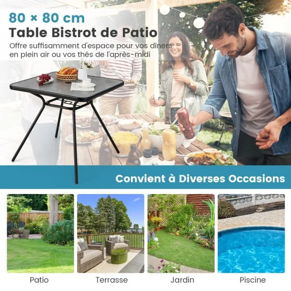 Table de Jardin avec Plateau Imprimé Marbre 80 x 80 CM Table d'Appoint avec Trou pour Parasol 42 MM et Cadre en Métal Gris